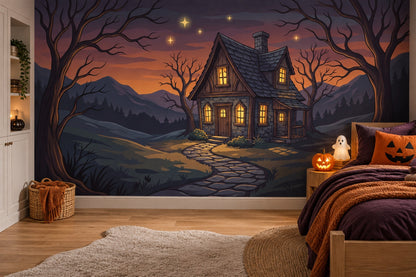 Witch Cottage Beneath Sunset Sky Halloween Wallpaper Mural - image 1