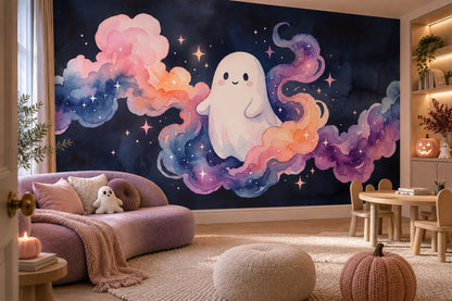 Friendly Ghost in Pastel Galaxy Clouds Halloween Wallpaper Mural - image 3
