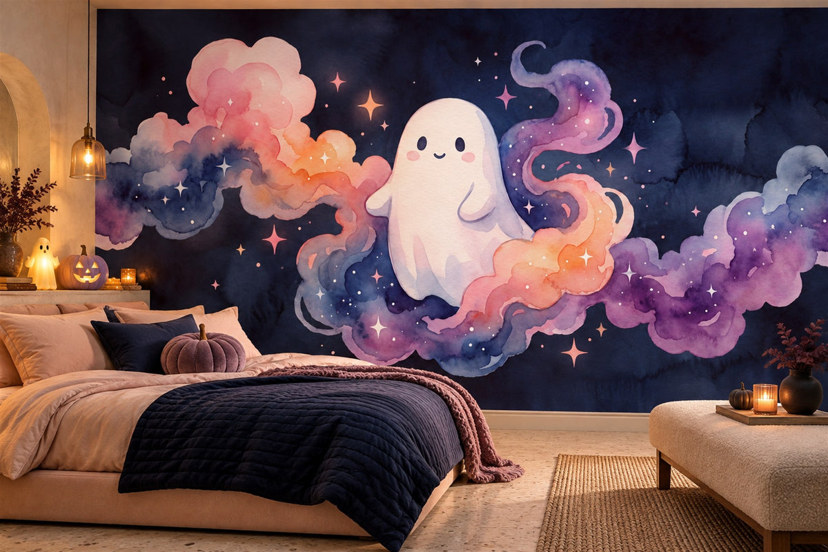 Friendly Ghost in Pastel Galaxy Clouds Halloween Wallpaper Mural - image 1