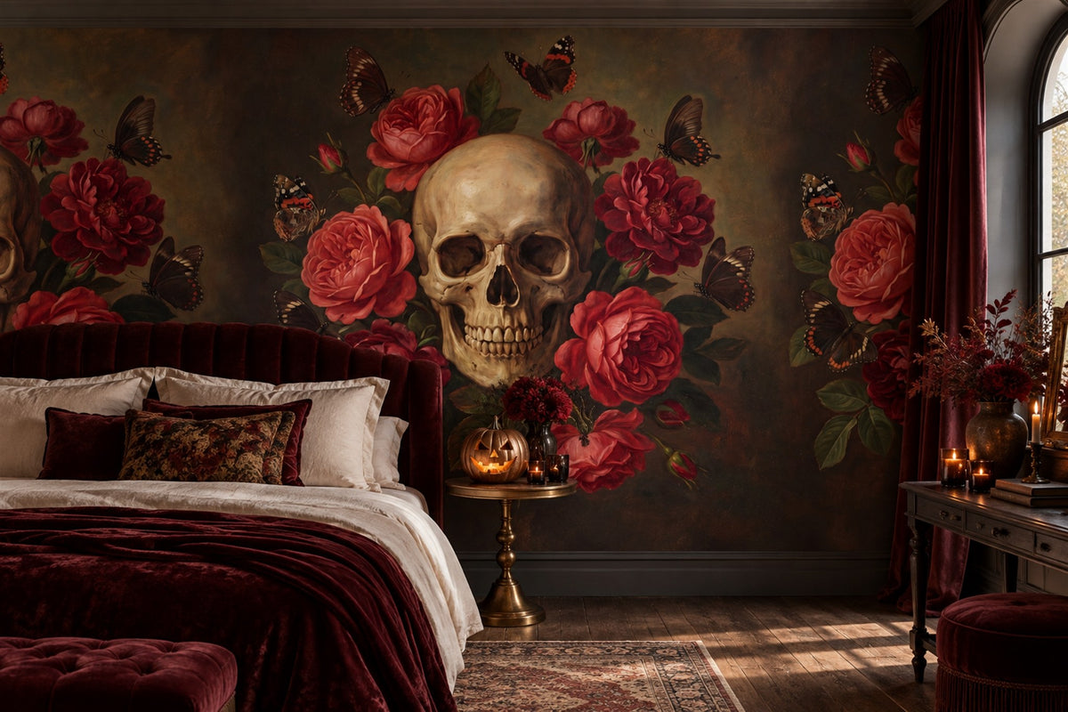 Skull with Red Roses Halloween Wallpaper Mural - image 3