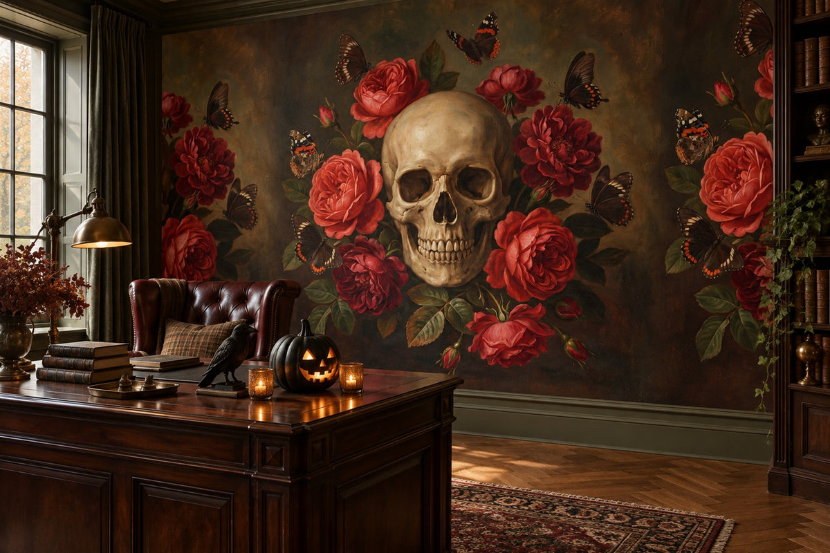 Skull with Red Roses Halloween Wallpaper Mural - image 4