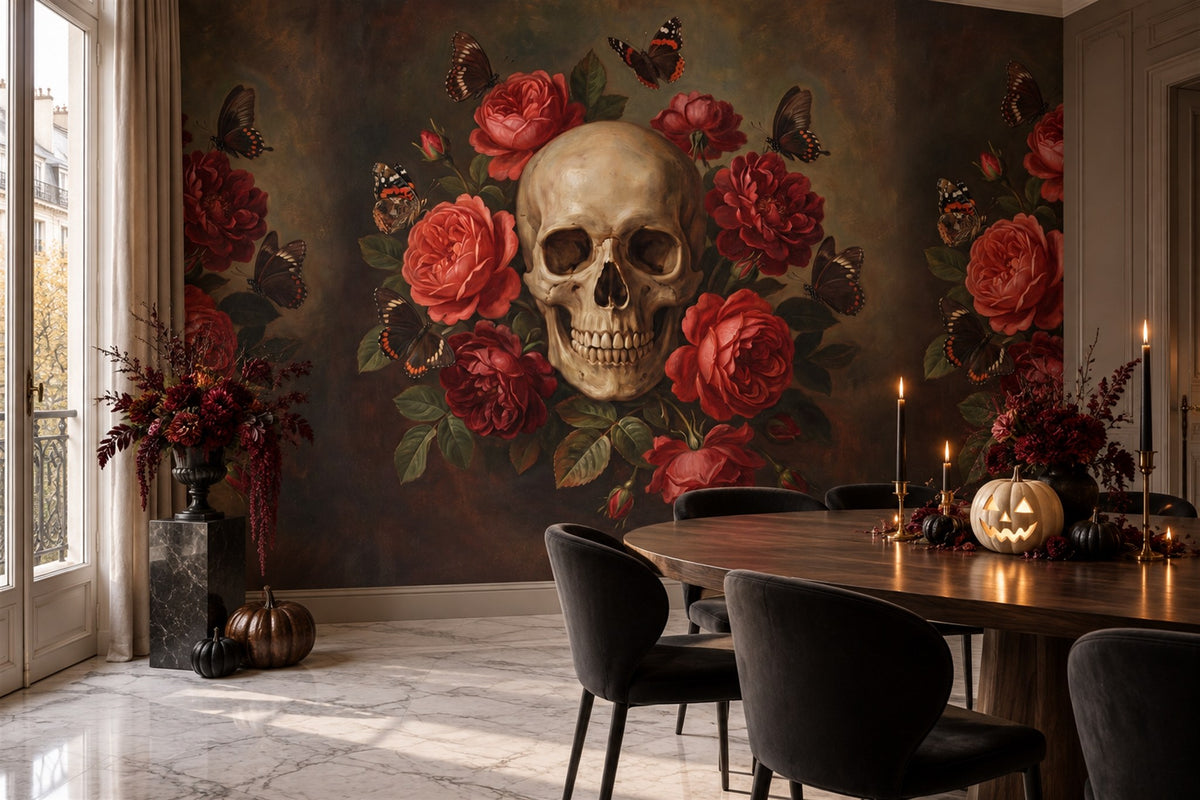 Skull with Red Roses Halloween Wallpaper Mural - image 1