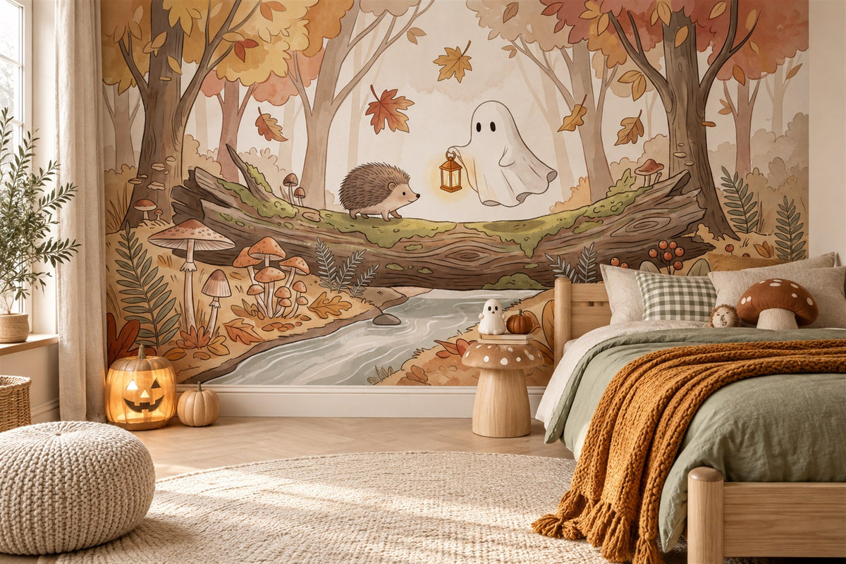 Ghost with Lantern Beside Hedgehog Halloween Wallpaper Mural - image 3