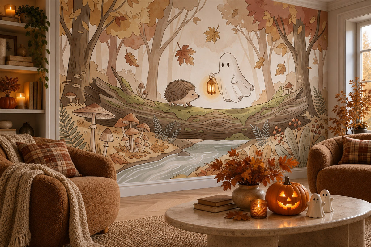 Ghost with Lantern Beside Hedgehog Halloween Wallpaper Mural - image 4