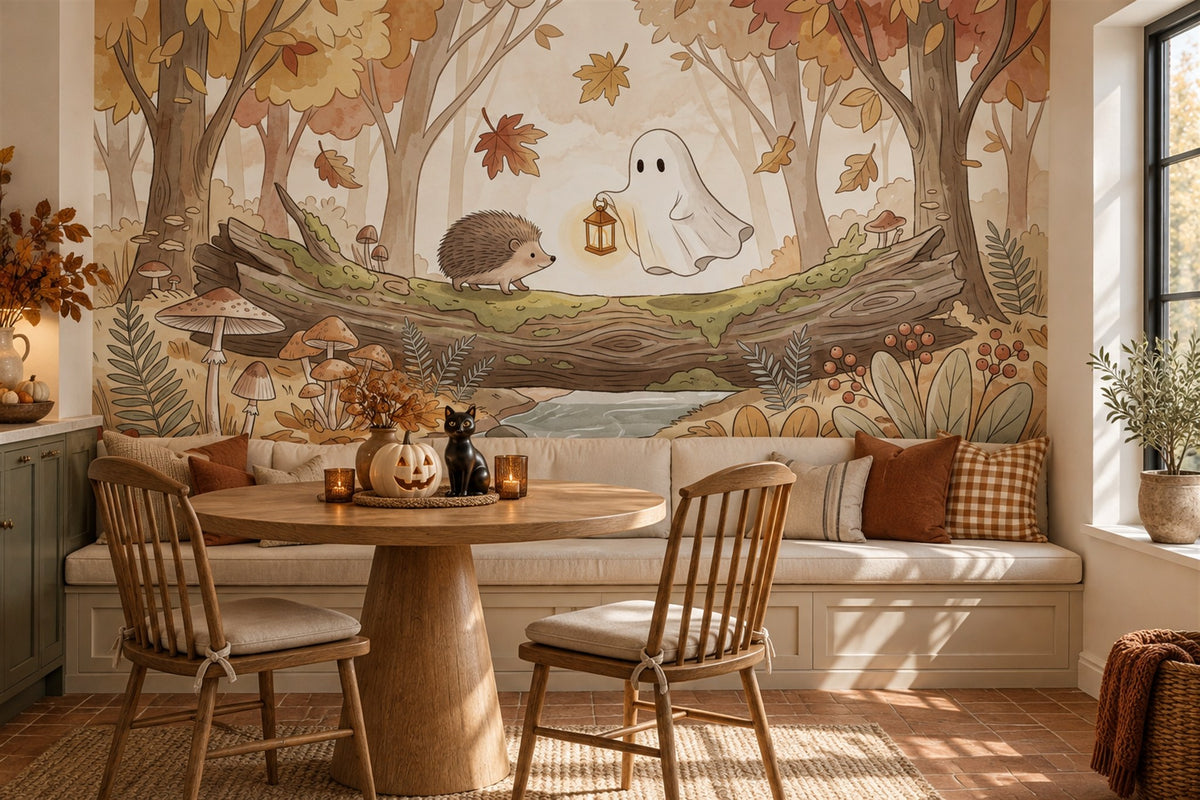 Ghost with Lantern Beside Hedgehog Halloween Wallpaper Mural - image 1