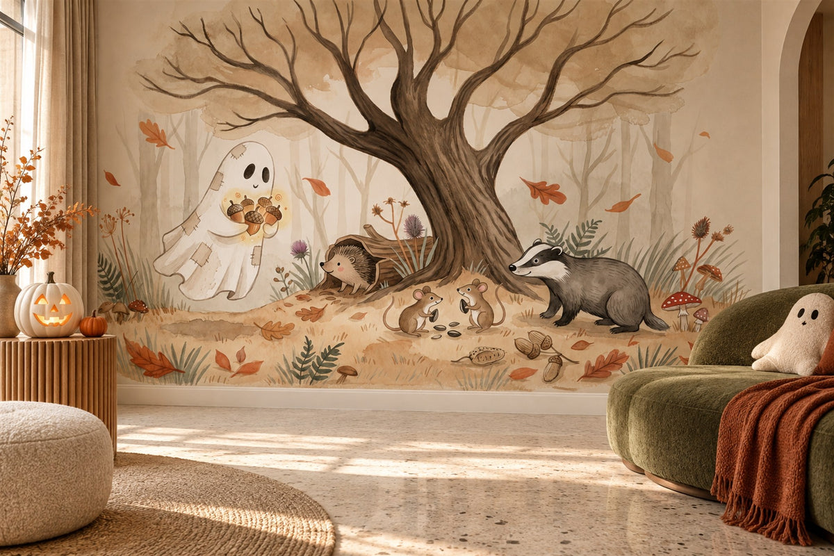 Ghost Feeding Woodland Animals Halloween Wallpaper Mural - image 1