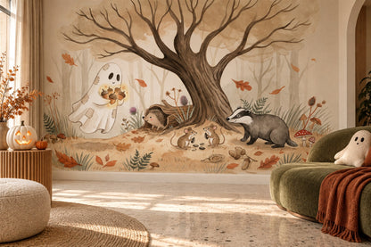 Ghost Feeding Woodland Animals Halloween Wallpaper Mural - image 1