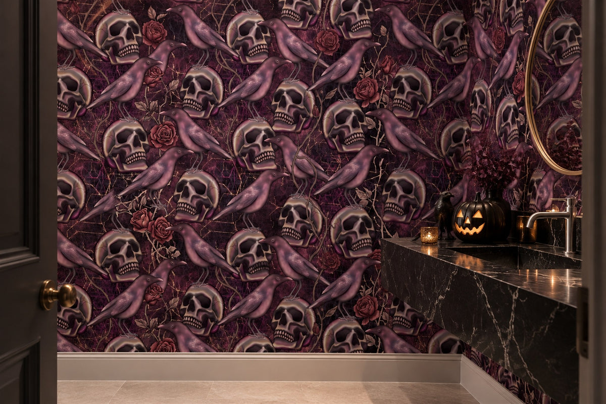 Purple Skulls Roses and Satin Ribbons Halloween Wallpaper Mural - image 1