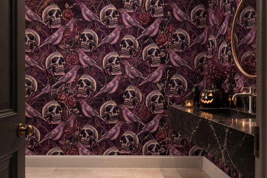 Purple Skulls Roses and Satin Ribbons Halloween Wallpaper Mural - image 1