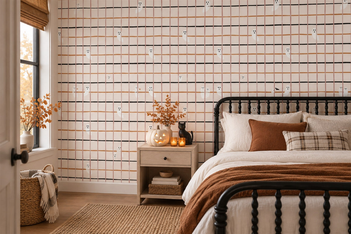 Tiny Ghosts in Pink Plaid Grid Halloween Wallpaper Mural - image 1