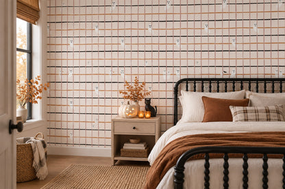 Tiny Ghosts in Pink Plaid Grid Halloween Wallpaper Mural - image 1