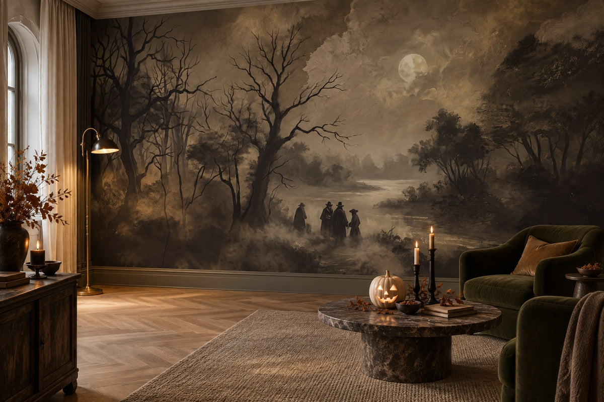 Moonlit Haunted Forest and Travellers Halloween Wallpaper Mural - image 3