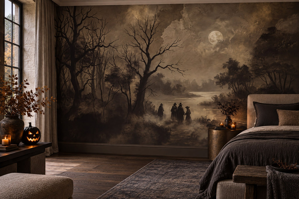 Moonlit Haunted Forest and Travellers Halloween Wallpaper Mural - image 1