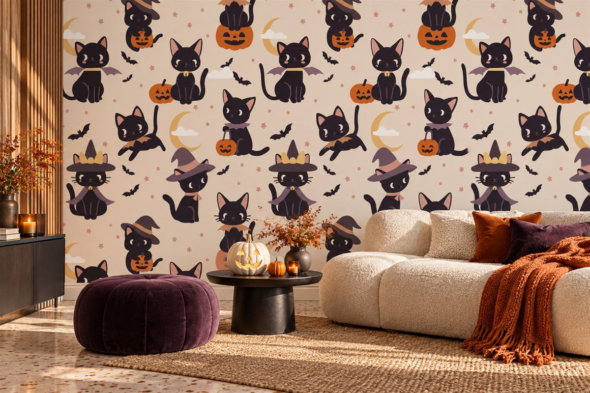 Black Cats Witches Pumpkins and Moons Halloween Wallpaper Mural - image 3