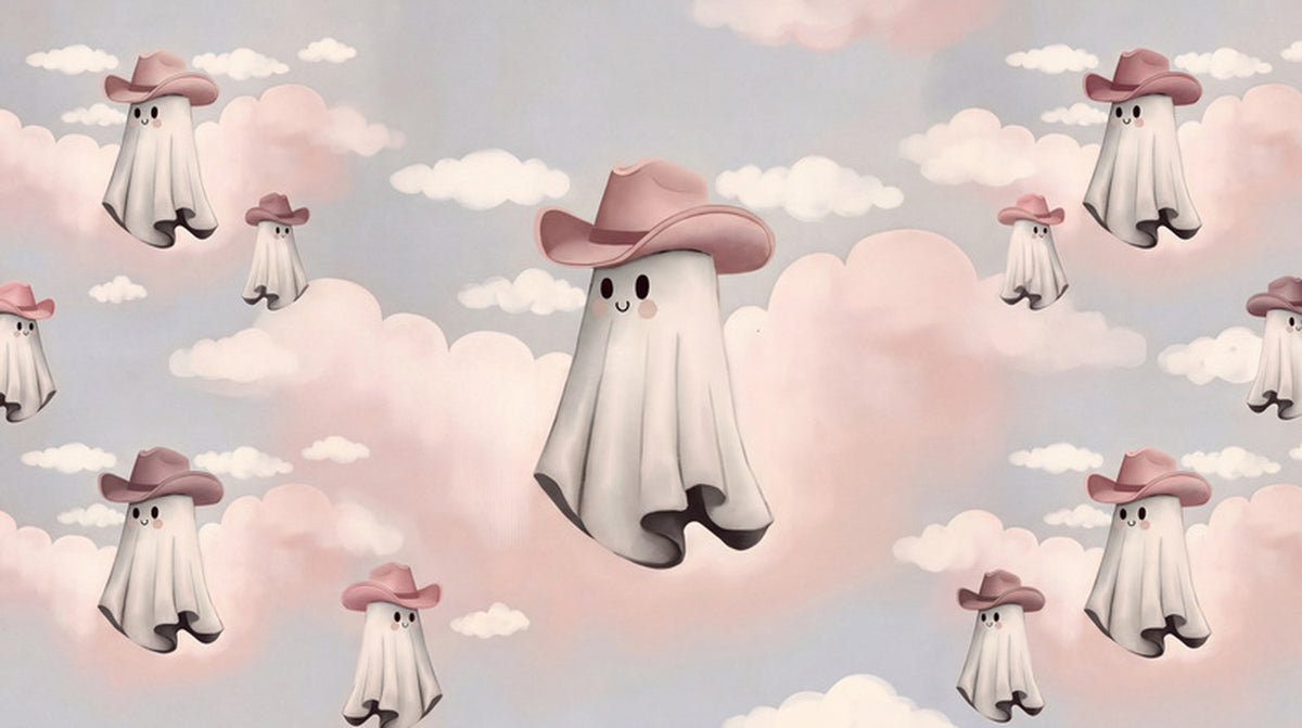 Mushroom Ghosts Floating in Pastel Clouds Halloween Wallpaper Mural