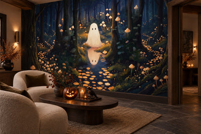 Ghost in Glowing Mushroom Forest Halloween Wallpaper Mural - image 1