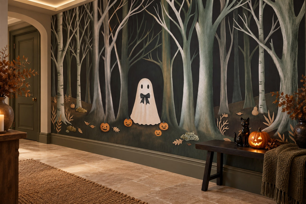 Ghost Among Bare Forest Trees Halloween Wallpaper Mural - image 3