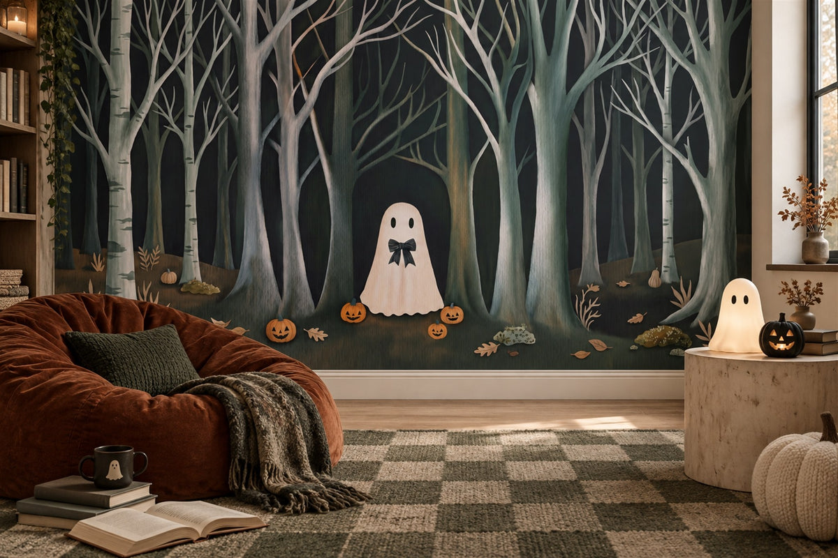 Ghost Among Bare Forest Trees Halloween Wallpaper Mural - image 4