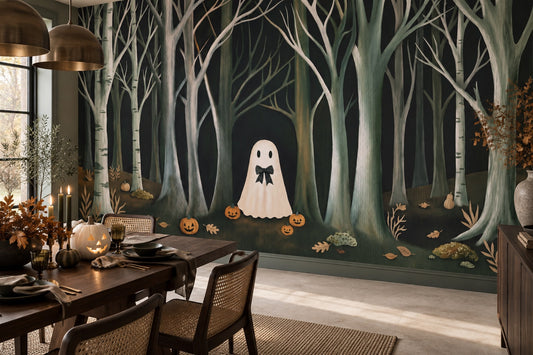Ghost Among Bare Forest Trees Halloween Wallpaper Mural - image 1