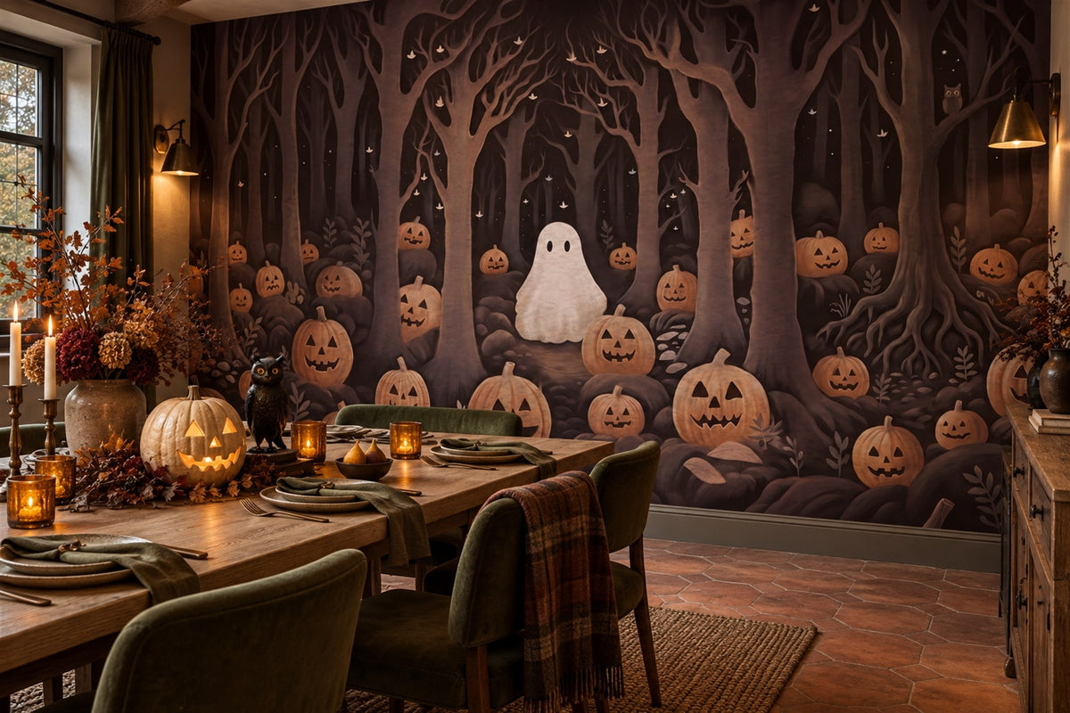 Ghost and Jack O Lanterns in Dark Forest Halloween Wallpaper Mural - image 1