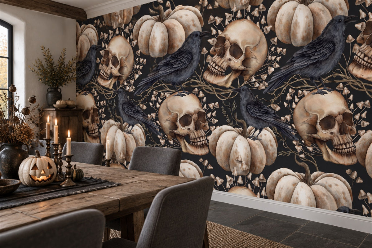 Crows Skulls Pumpkins and Pale Roses Halloween Wallpaper Mural - image 1