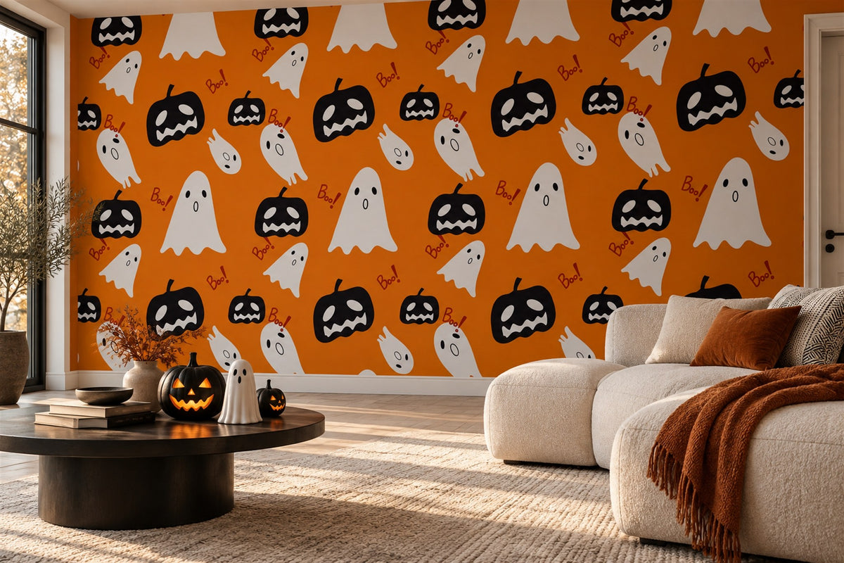 White Ghosts and Black Pumpkins Halloween Wallpaper Mural - image 3