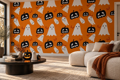 White Ghosts and Black Pumpkins Halloween Wallpaper Mural - image 3