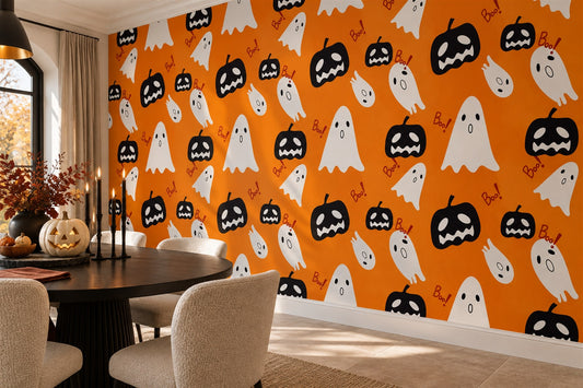 White Ghosts and Black Pumpkins Halloween Wallpaper Mural - image 1