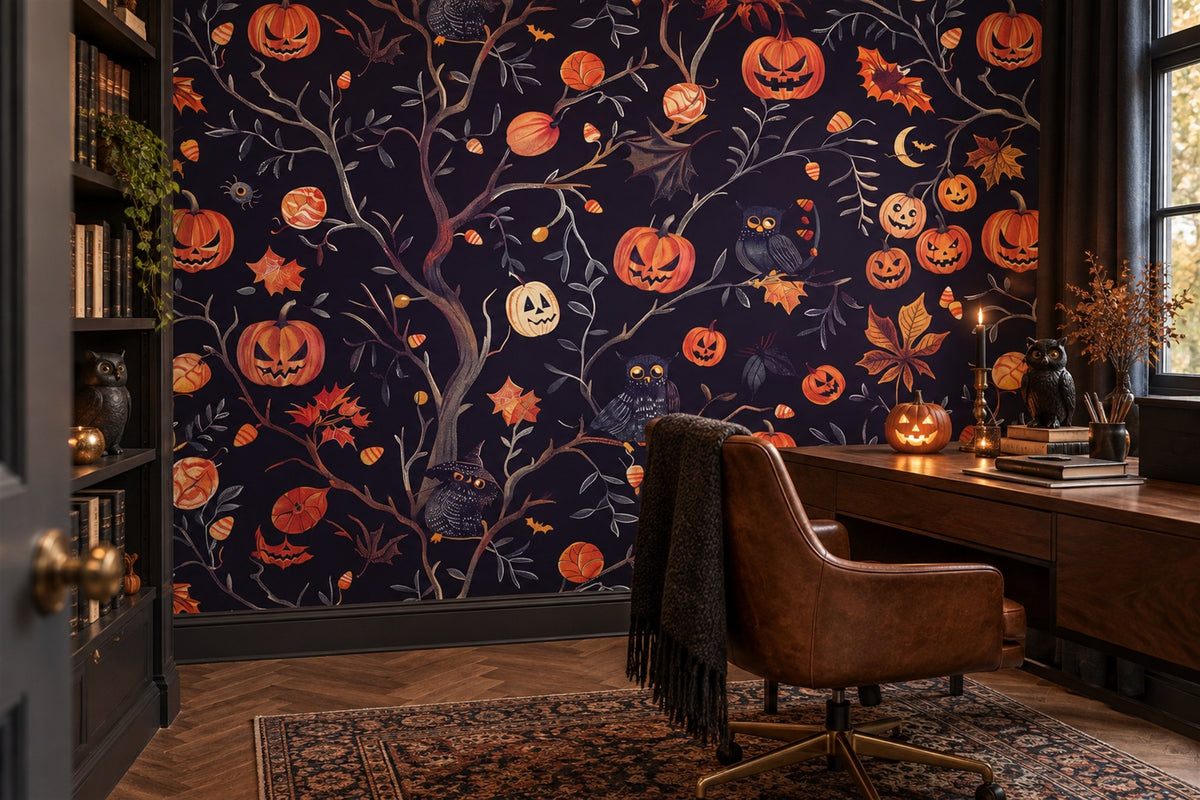 Jack O Lantern Tree with Owls and Moon Halloween Wallpaper Mural - image 3