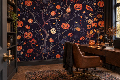 Jack O Lantern Tree with Owls and Moon Halloween Wallpaper Mural - image 3