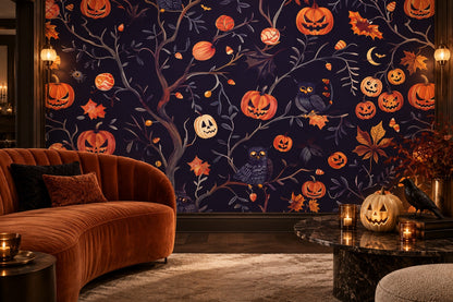Jack O Lantern Tree with Owls and Moon Halloween Wallpaper Mural - image 4