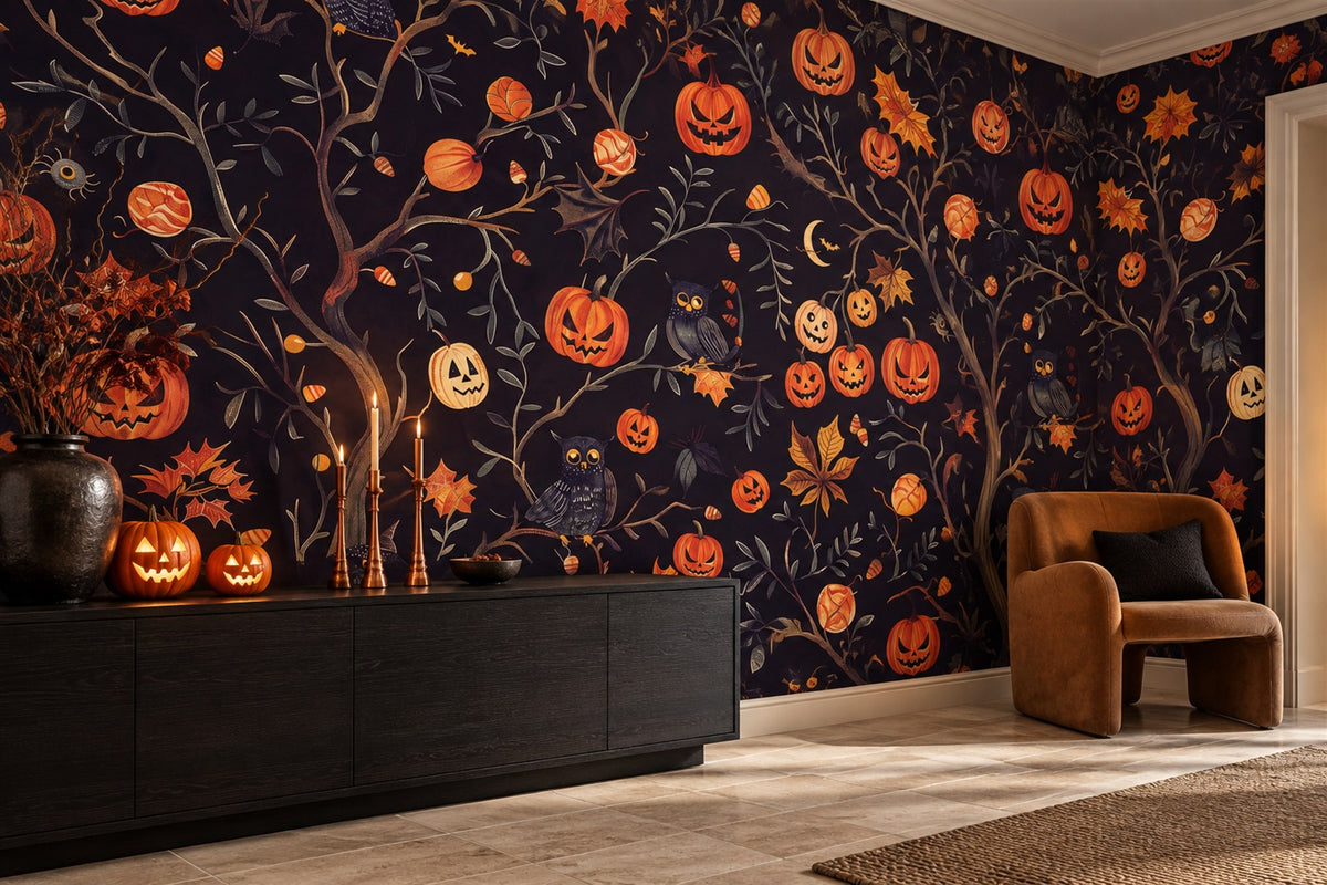 Jack O Lantern Tree with Owls and Moon Halloween Wallpaper Mural - image 1