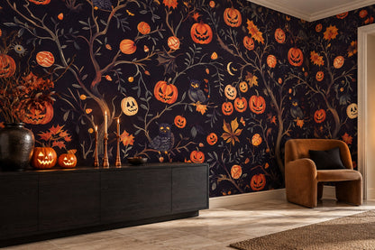 Jack O Lantern Tree with Owls and Moon Halloween Wallpaper Mural - image 1