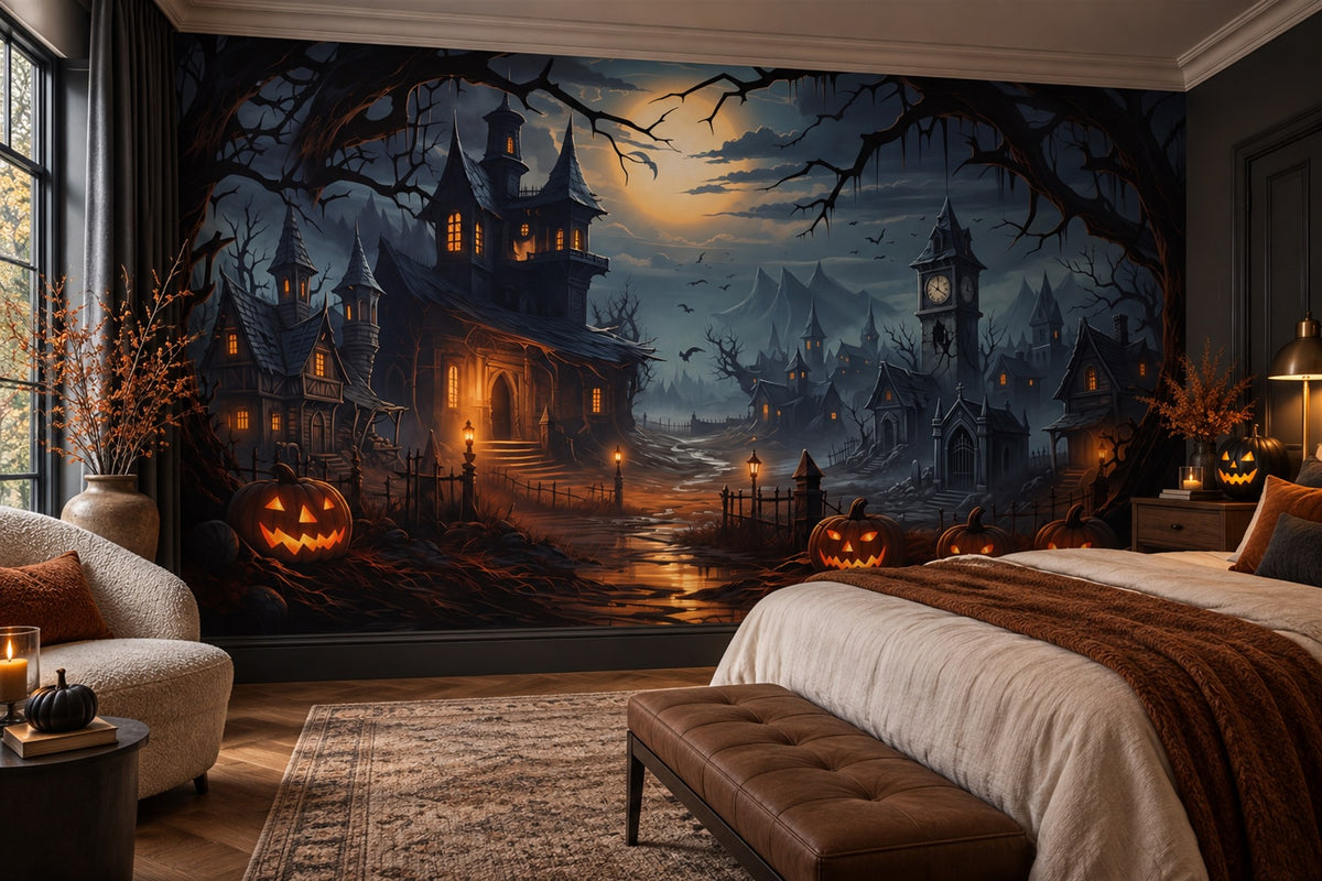 Haunted Castle Pumpkins Under Full Moon Halloween Wallpaper Mural - image 1