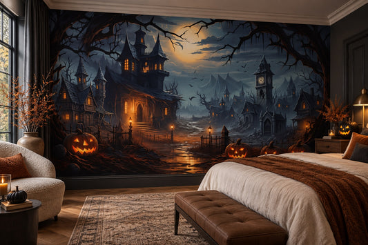 Haunted Castle Pumpkins Under Full Moon Halloween Wallpaper Mural - image 1