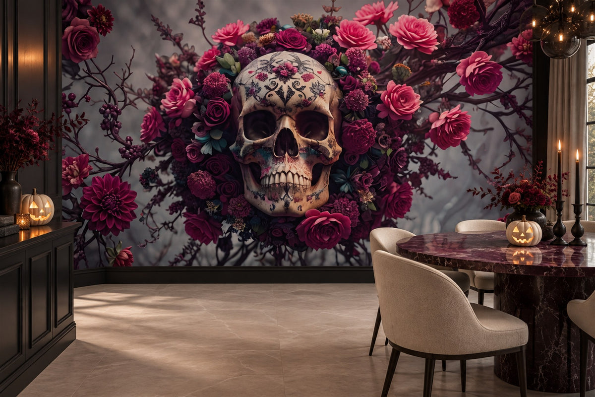 Floral Sugar Skull On Branches Halloween Wallpaper Mural - image 3