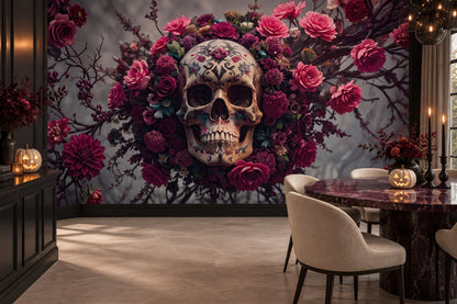 Floral Sugar Skull On Branches Halloween Wallpaper Mural - image 3