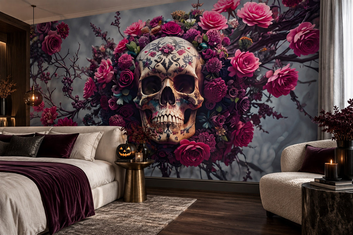 Floral Sugar Skull On Branches Halloween Wallpaper Mural - image 4