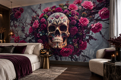 Floral Sugar Skull On Branches Halloween Wallpaper Mural - image 4