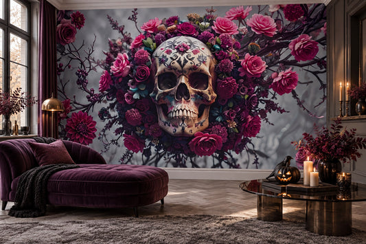 Floral Sugar Skull On Branches Halloween Wallpaper Mural - image 1