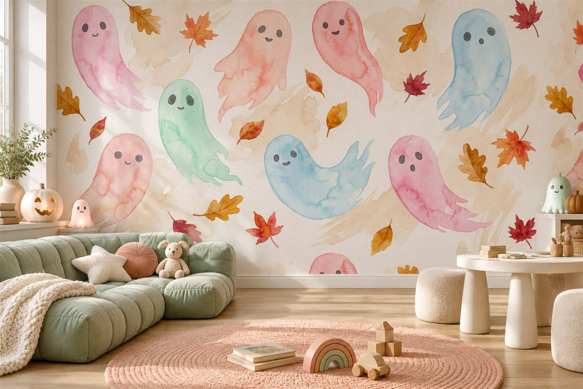 Pastel Ghosts with Autumn Leaves Halloween Wallpaper Mural - image 3