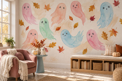 Pastel Ghosts with Autumn Leaves Halloween Wallpaper Mural - image 4