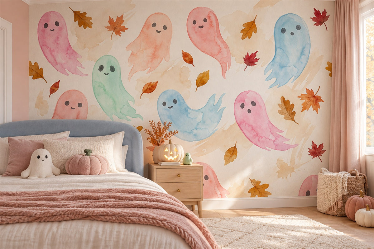 Pastel Ghosts with Autumn Leaves Halloween Wallpaper Mural - image 1