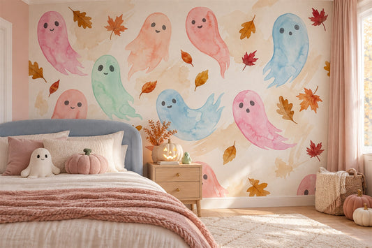 Pastel Ghosts with Autumn Leaves Halloween Wallpaper Mural - image 1