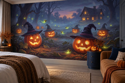 Glowing Jack O Lanterns in Witch Hats Halloween Wallpaper Mural - image 3