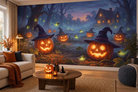 Glowing Jack O Lanterns in Witch Hats Halloween Wallpaper Mural - image 1