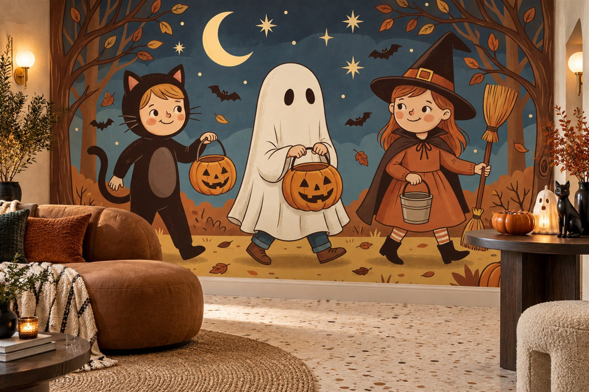 Children in Ghost Cat and Witch Costumes Halloween Wallpaper Mural - image 3