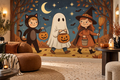 Children in Ghost Cat and Witch Costumes Halloween Wallpaper Mural - image 3