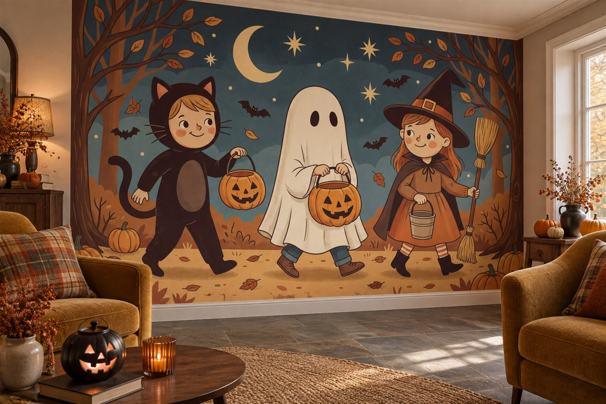 Children in Ghost Cat and Witch Costumes Halloween Wallpaper Mural - image 1