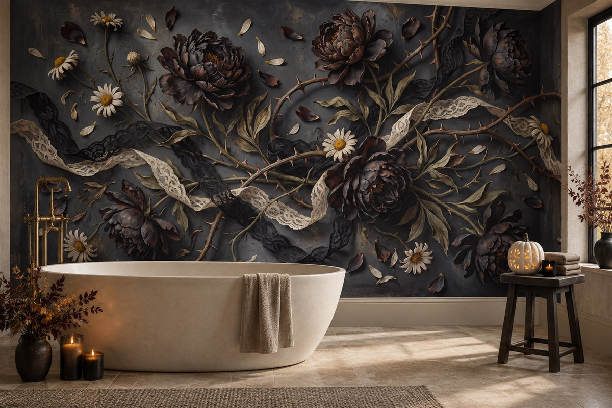 Black Roses Daisies and Thorny Branches Halloween Wallpaper Mural - image 3